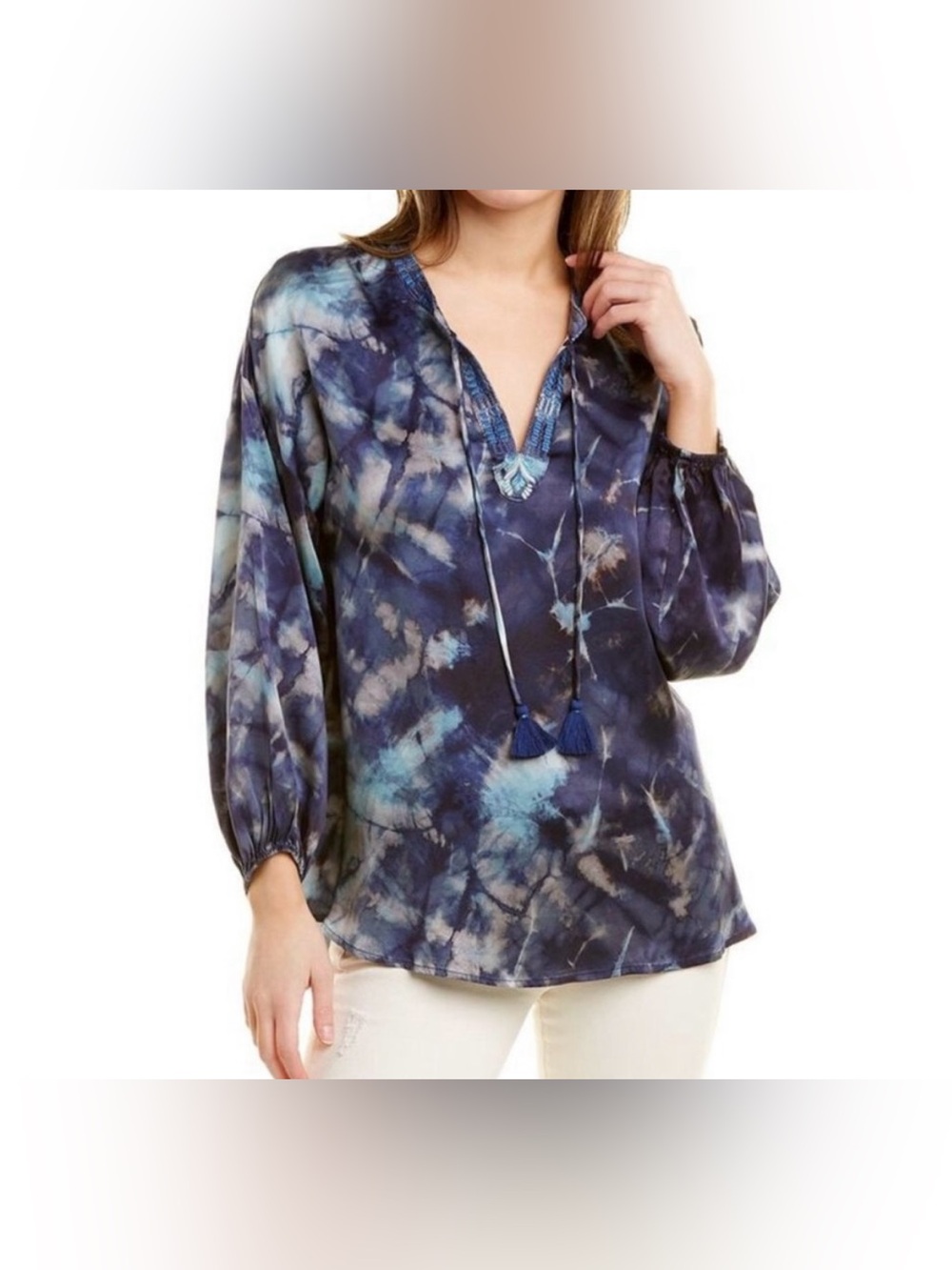 Johnny Was Workshop Silk Blue Tie-Dye Embroidered Tassel Blouse - Size L